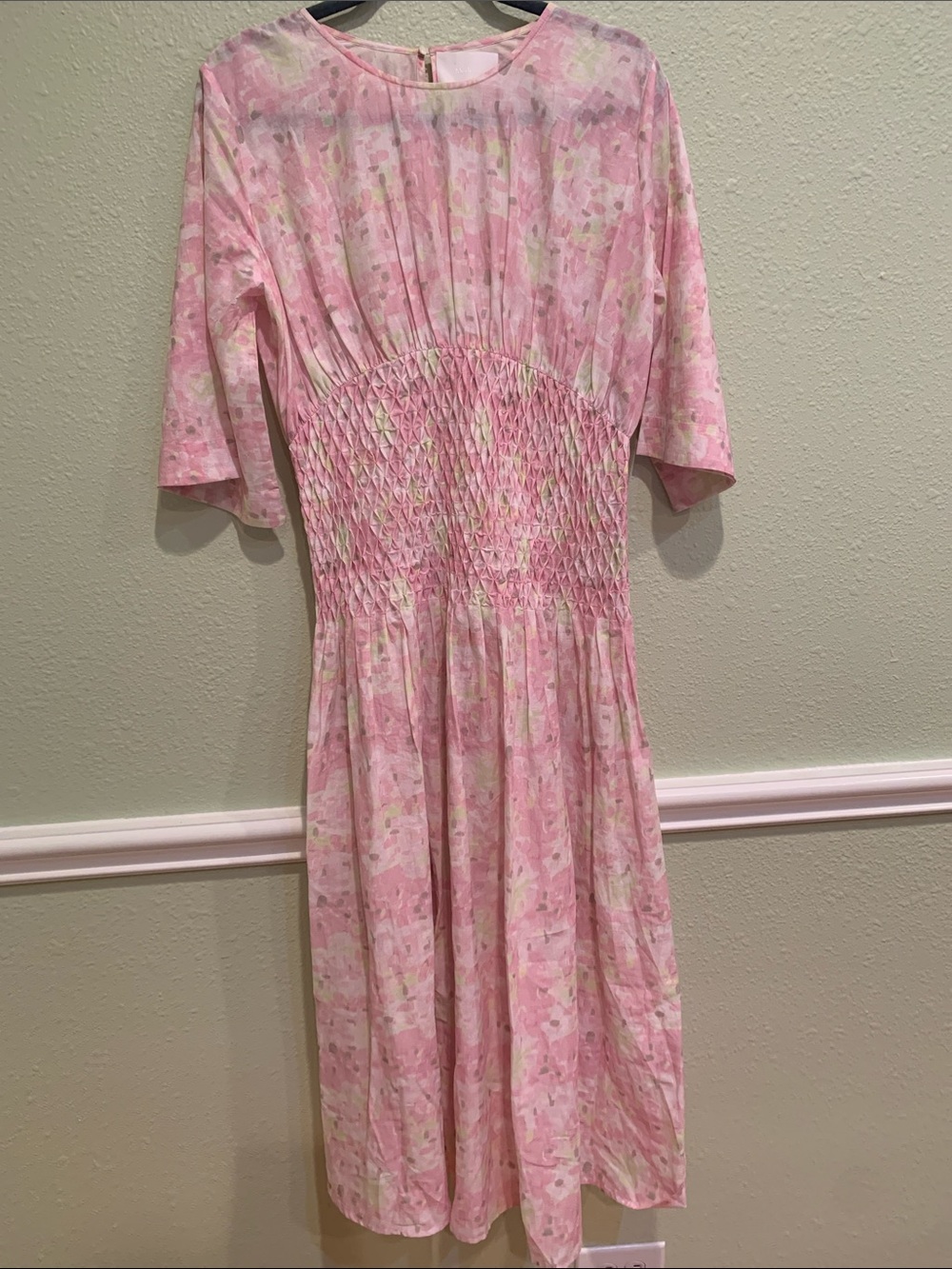 Merlette Alma Printed Midi Dress Pink Citrine Mosaic Smocked Cotton Size 4